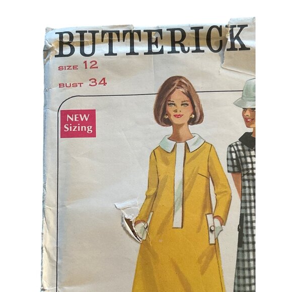 Butterick Sewing 1960s Pattern Size12 A-Line Dresses Contrast Trim Pockets Vtg - Picture 2 of 6